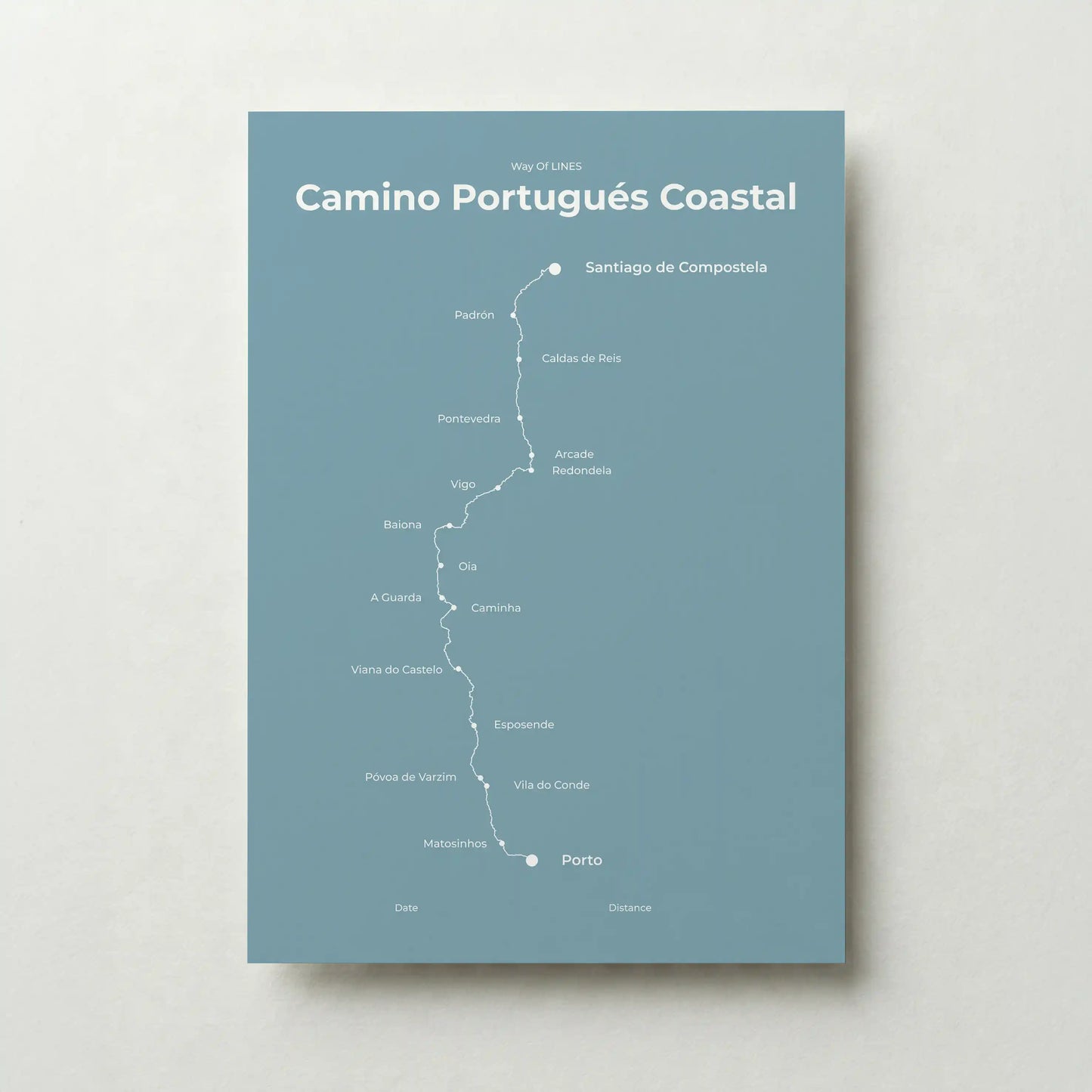 Minimalist Camino Portugués Coastal map poster in high mist color.