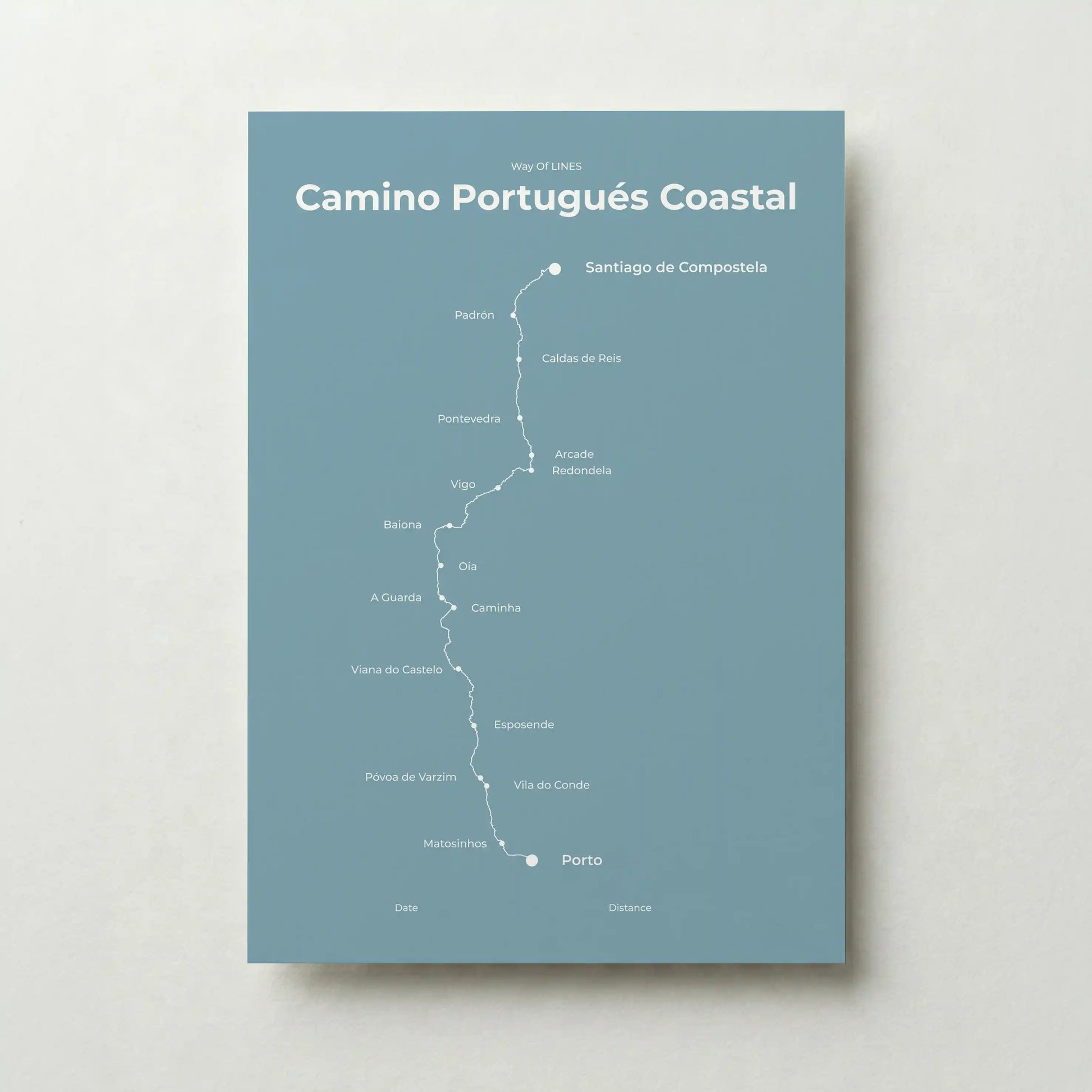 Minimalist Camino Portugués Coastal map poster in high mist color.