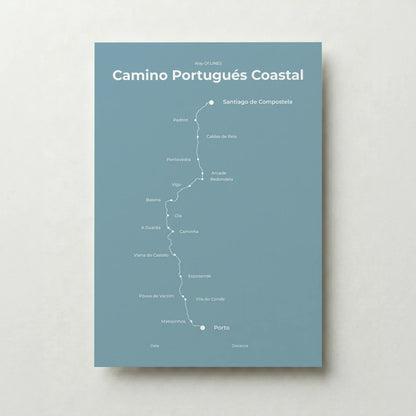 Minimalist Camino Portugués Coastal map poster in high mist color.