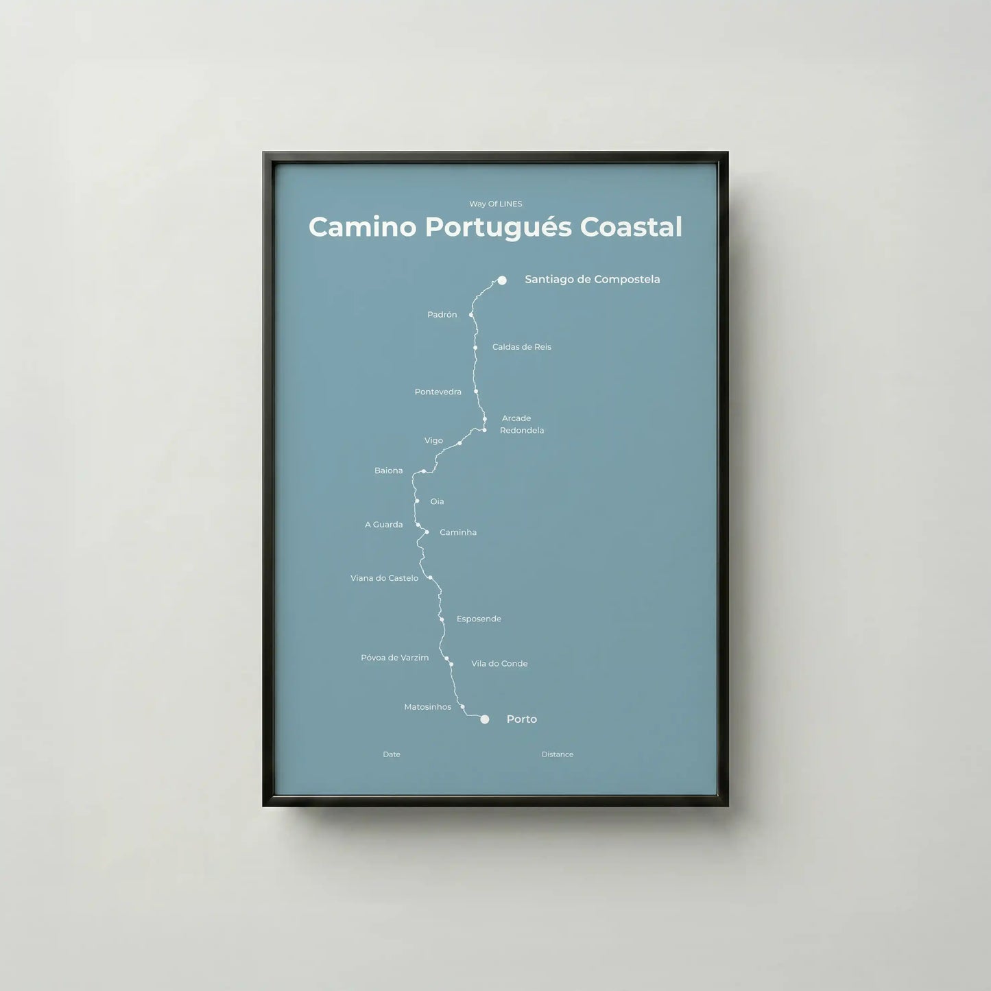 Minimalist Camino Portugués Coastal map poster in high mist color, frame mockup.