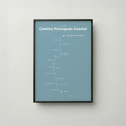 Minimalist Camino Portugués Coastal map poster in high mist color, frame mockup.