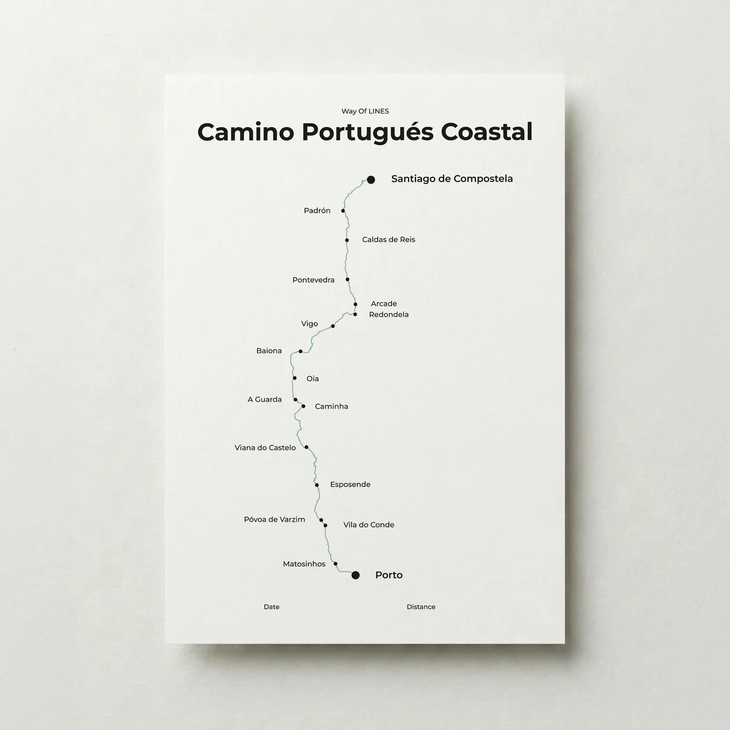 Minimalist Camino Portugués Coastal map poster in north drift color.
