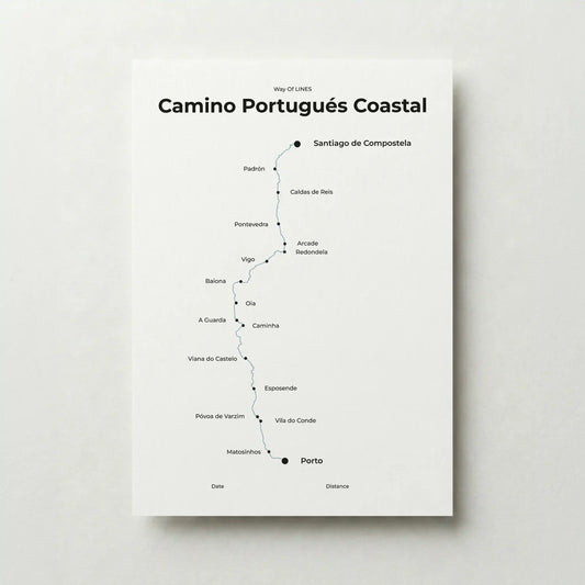 Minimalist Camino Portugués Coastal map poster in north drift color.
