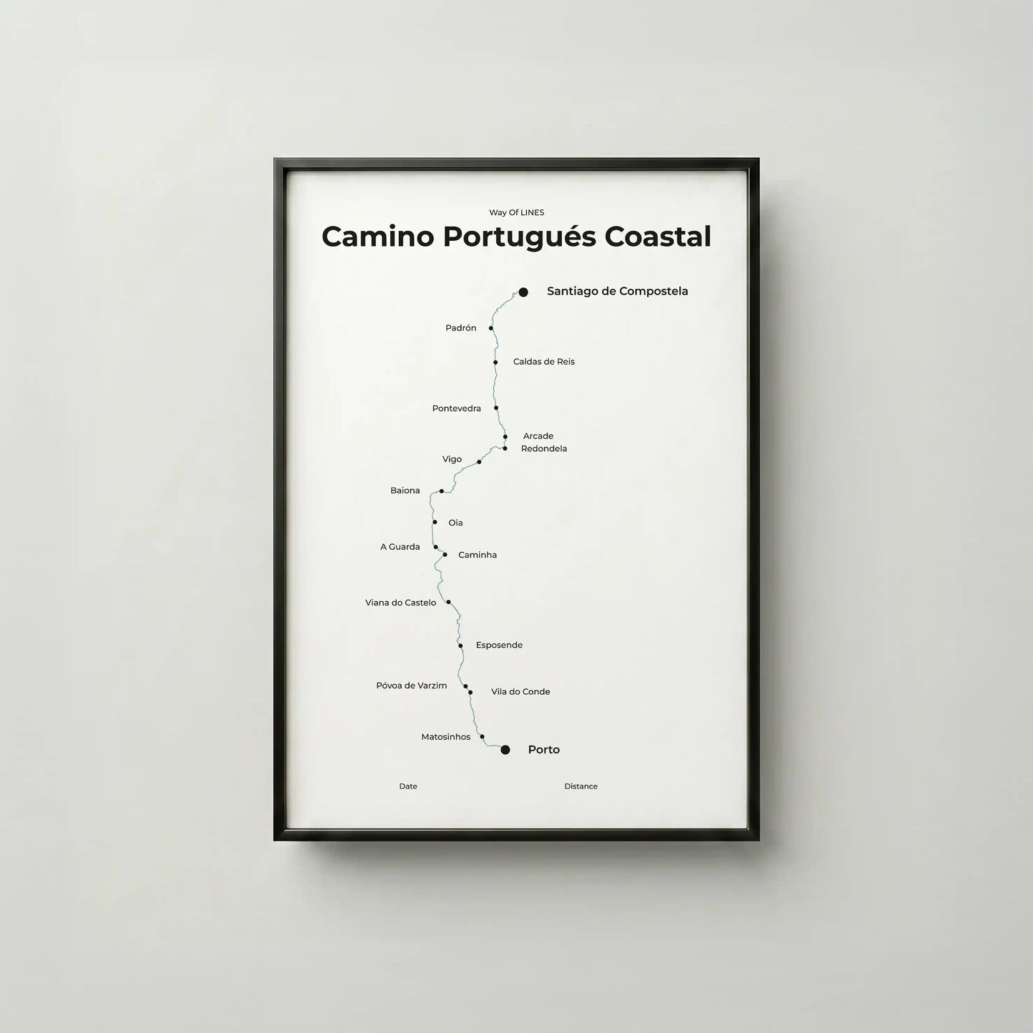 Minimalist Camino Portugués Coastal map poster in north drift color, frame mockup.

