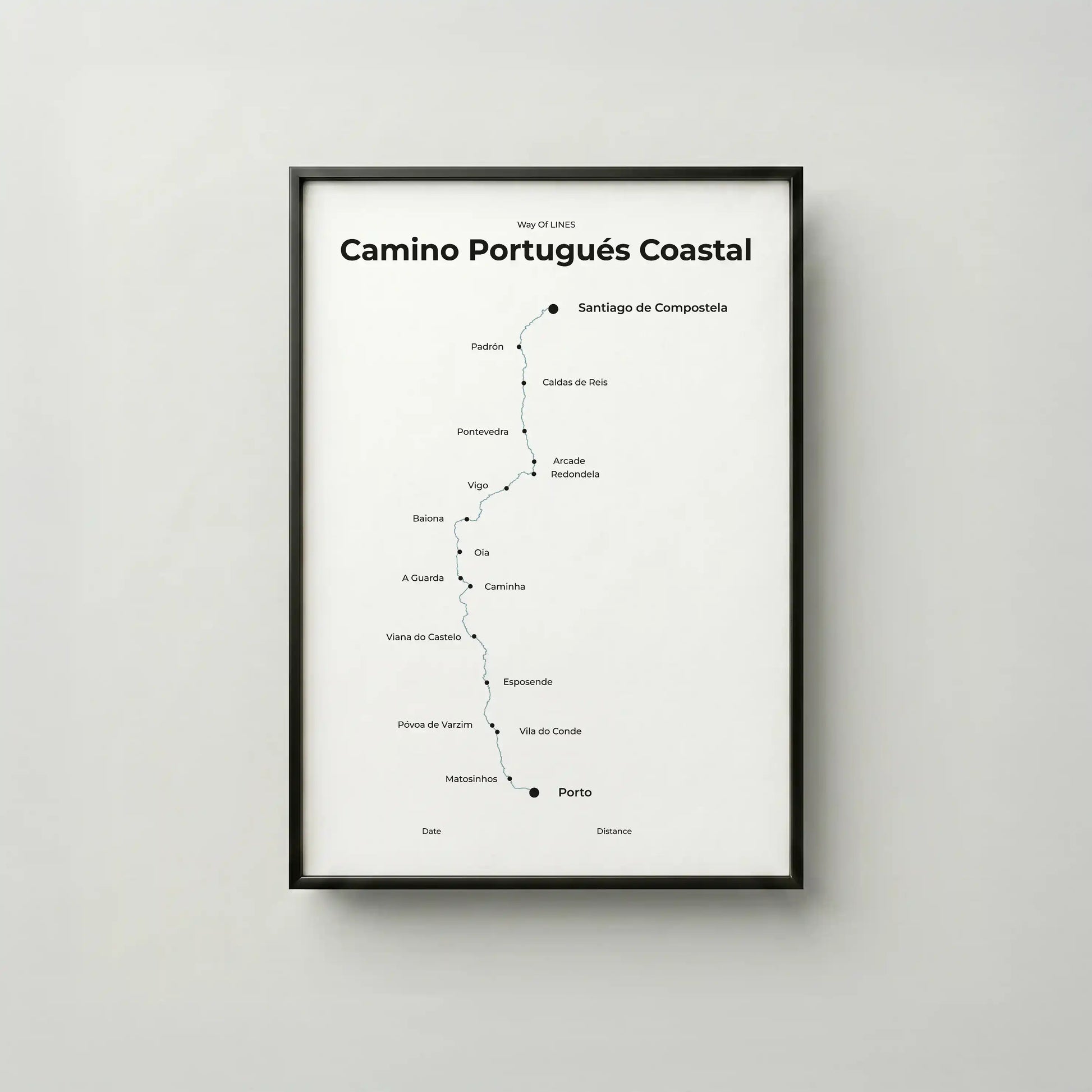 Minimalist Camino Portugués Coastal map poster in north drift color, frame mockup.
