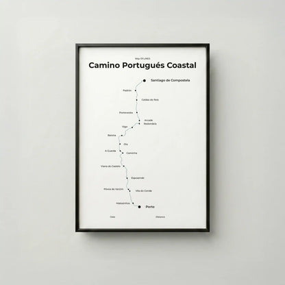 Minimalist Camino Portugués Coastal map poster in north drift color, frame mockup.
