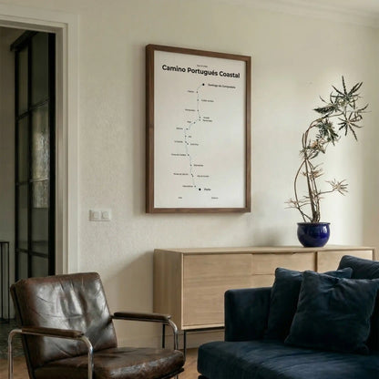 Minimalist Camino Portugués Coastal map poster in north drift color, interior mockup.