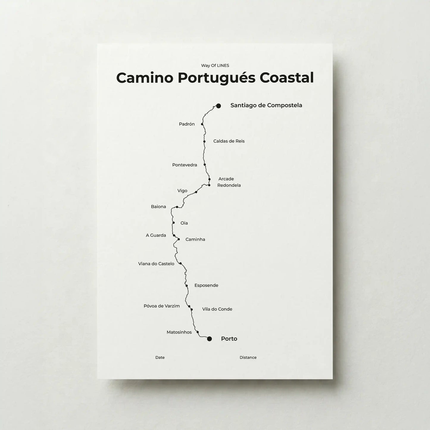 Minimalist Camino Portugués Coastal map poster in quiet black color.
