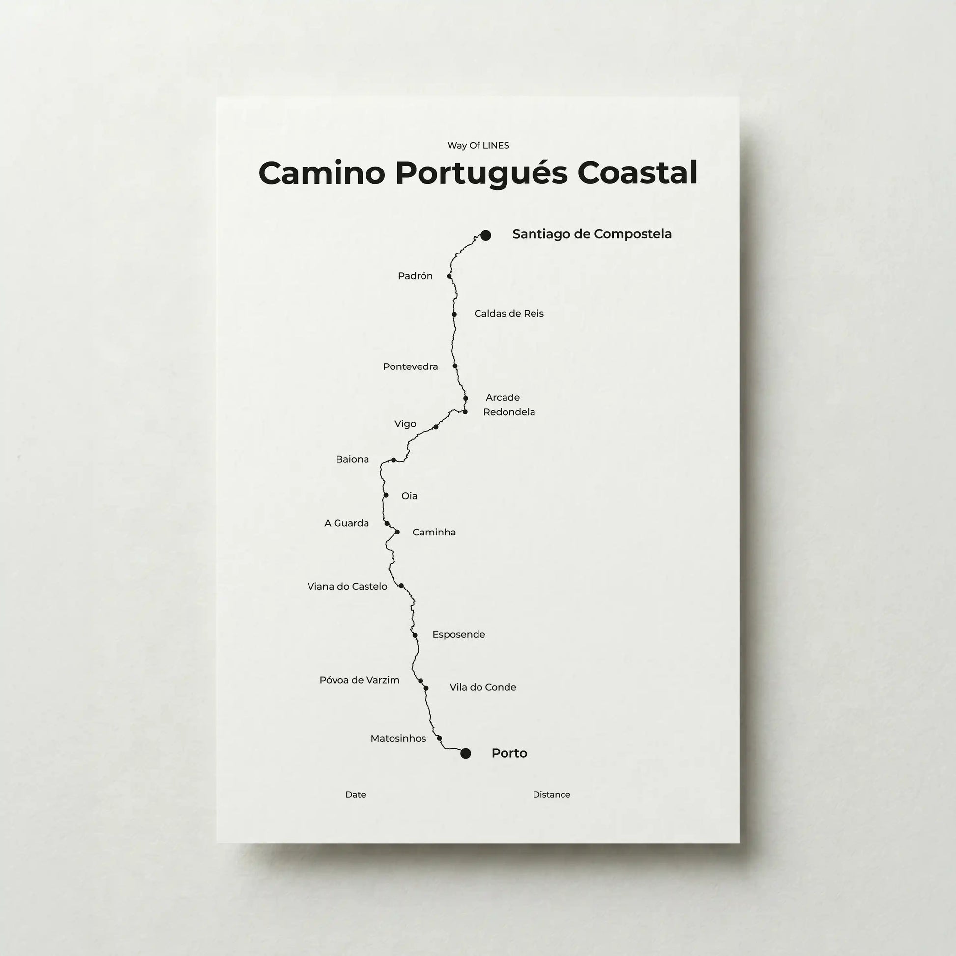 Minimalist Camino Portugués Coastal map poster in quiet black color.