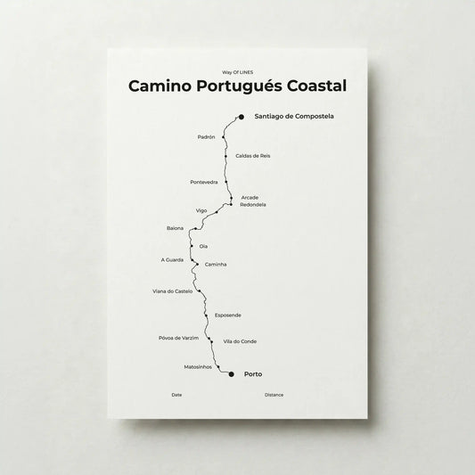 Minimalist Camino Portugués Coastal map poster in quiet black color.