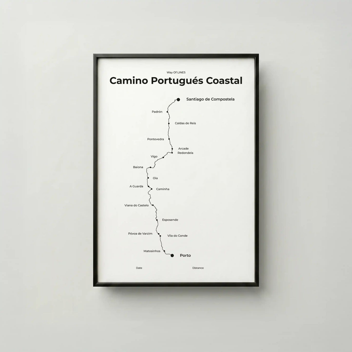 Minimalist Camino Portugués Coastal map poster in quiet black color, frame mockup.
