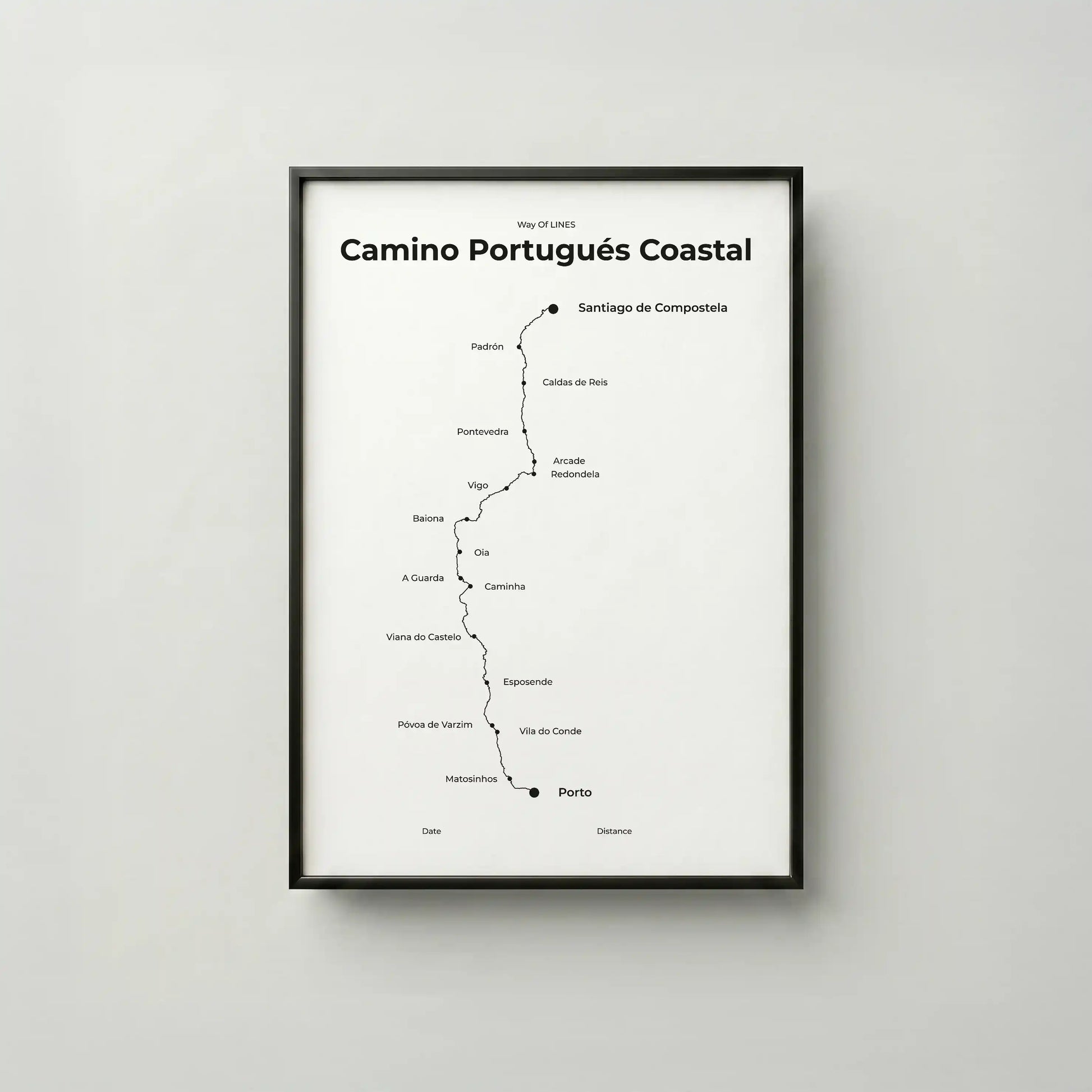 Minimalist Camino Portugués Coastal map poster in quiet black color, frame mockup.
