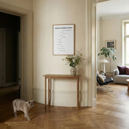Minimalist Camino Portugués Coastal map poster in quiet black color, interior mockup.
