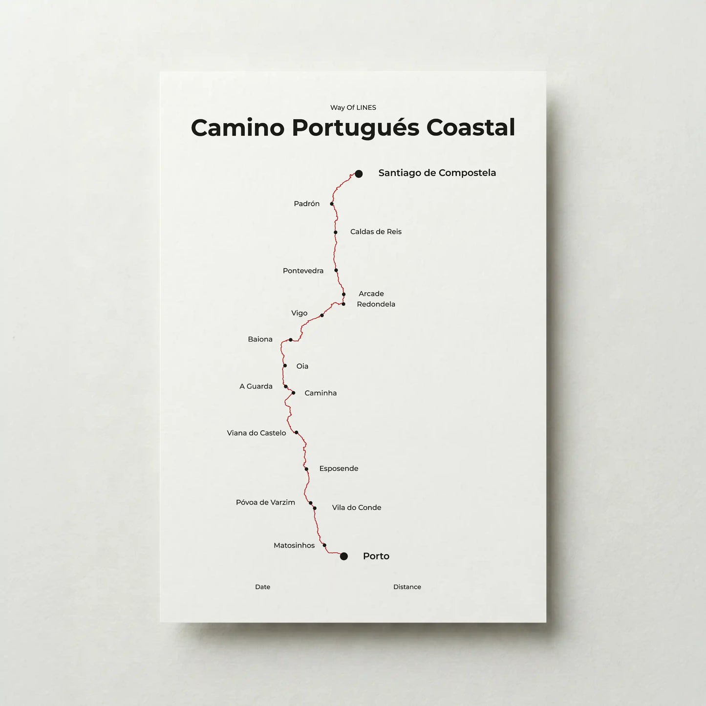 Minimalist Camino Portugués Coastal map poster in red beacon color.