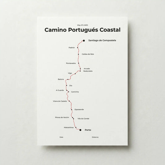 Minimalist Camino Portugués Coastal map poster in red beacon color.