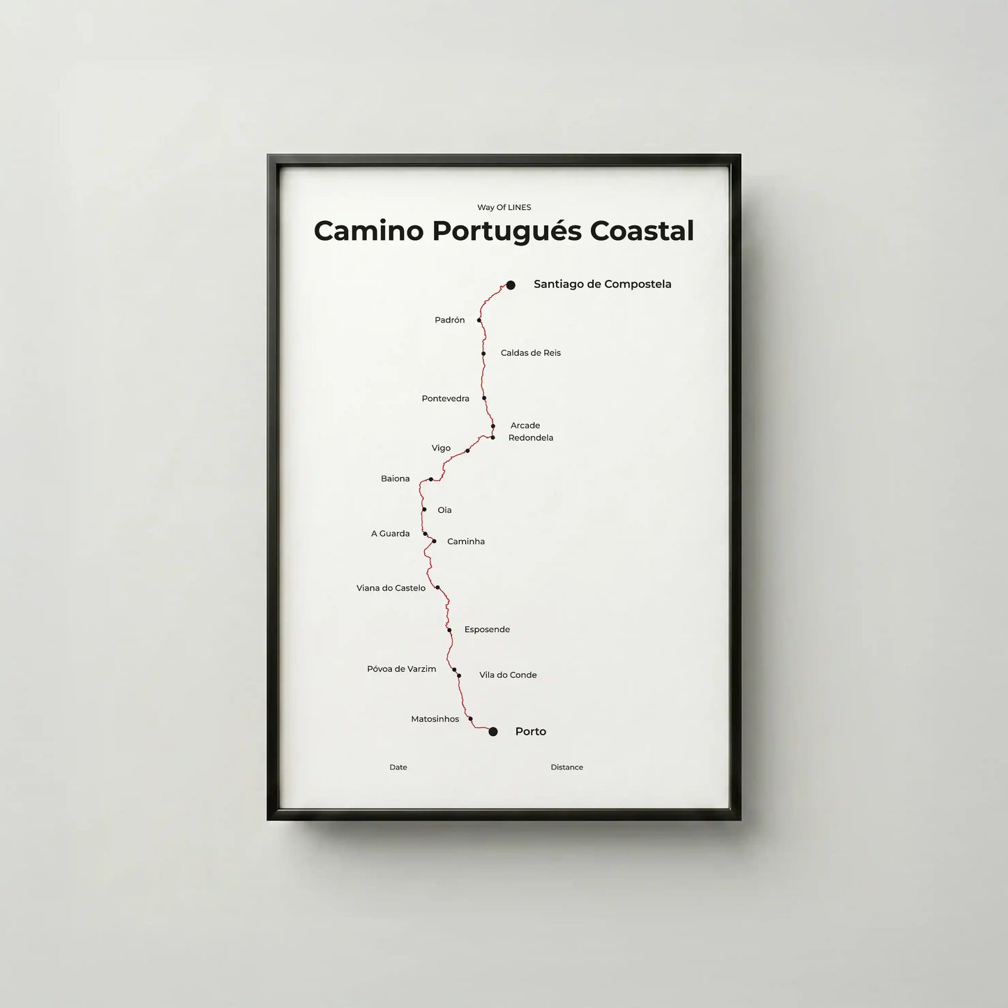 Minimalist Camino Portugués Coastal map poster in red beacon color, frame mockup.