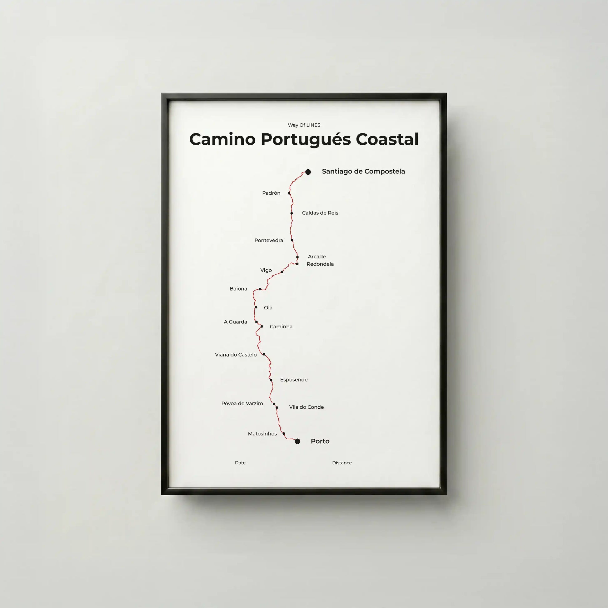 Minimalist Camino Portugués Coastal map poster in red beacon color, frame mockup.