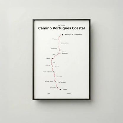 Minimalist Camino Portugués Coastal map poster in red beacon color, frame mockup.