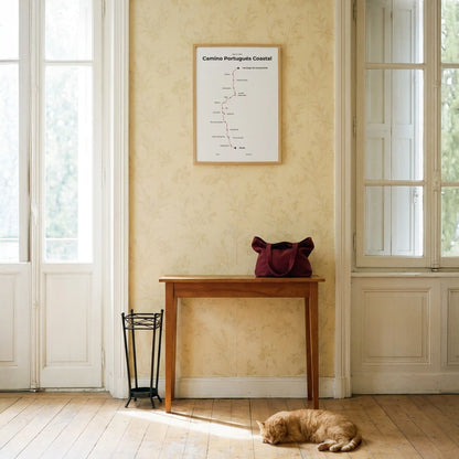 Minimalist Camino Portugués Coastal map poster in red beacon color, interior mockup.
