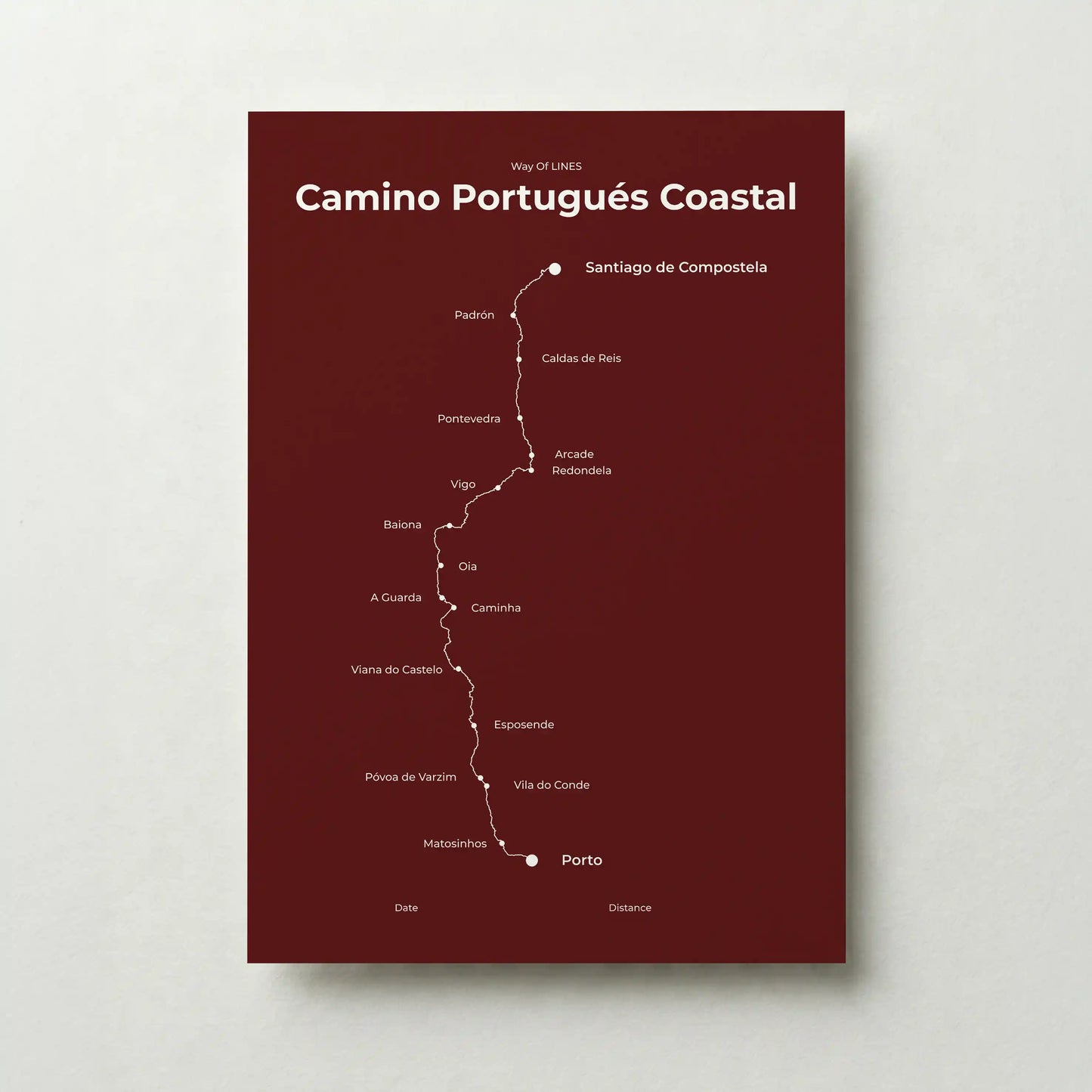 Minimalist Camino Portugués Coastal map poster in reserve red color.