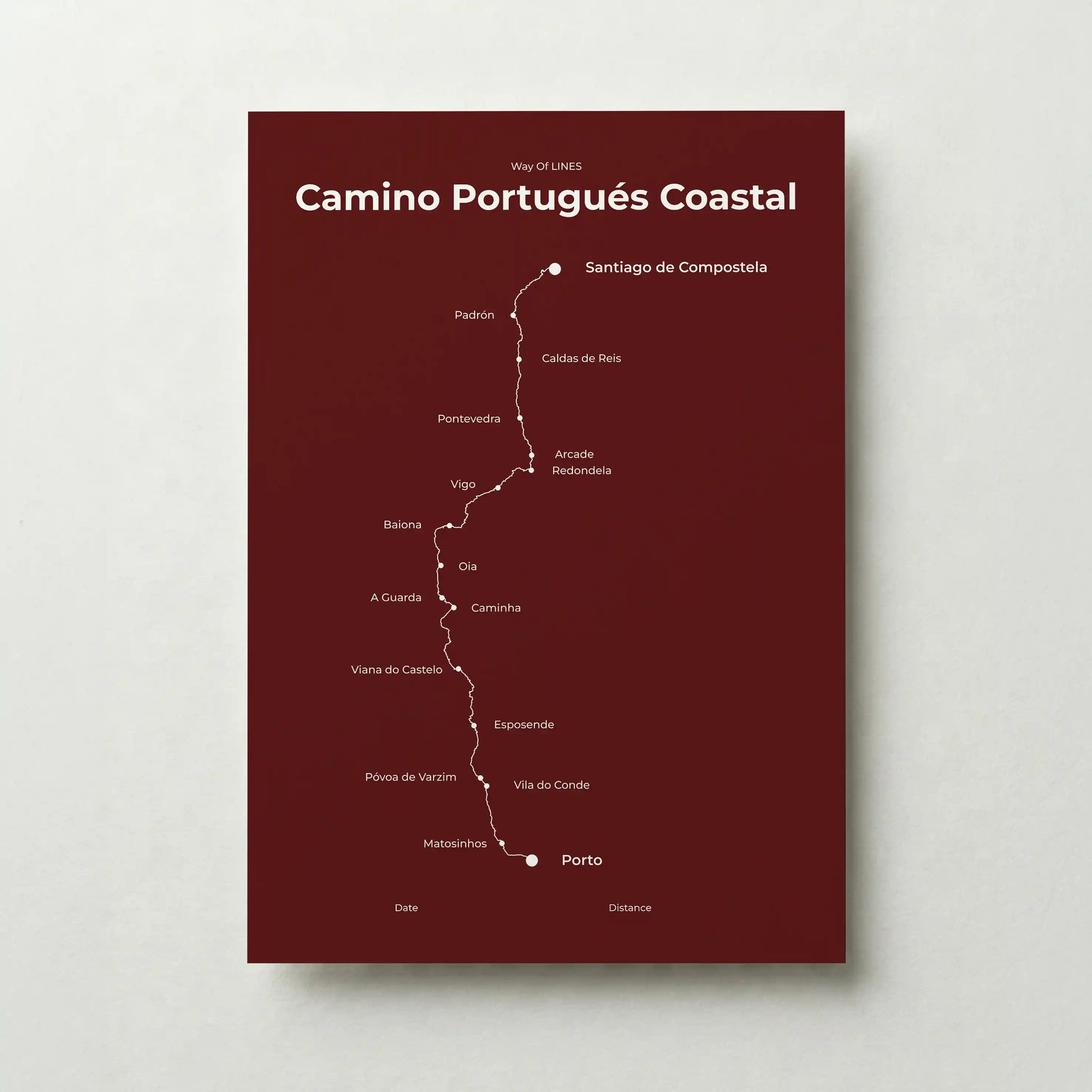 Minimalist Camino Portugués Coastal map poster in reserve red color.
