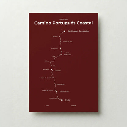 Minimalist Camino Portugués Coastal map poster in reserve red color.