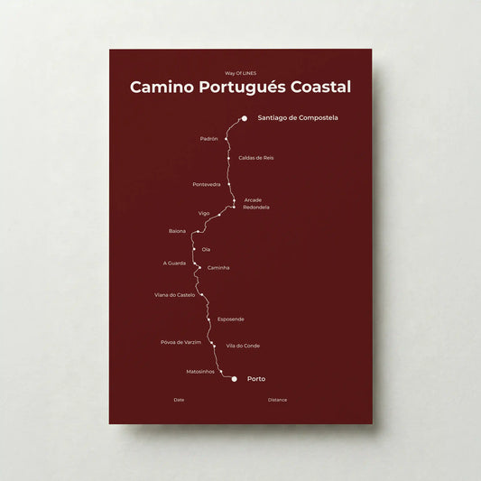 Minimalist Camino Portugués Coastal map poster in reserve red color.