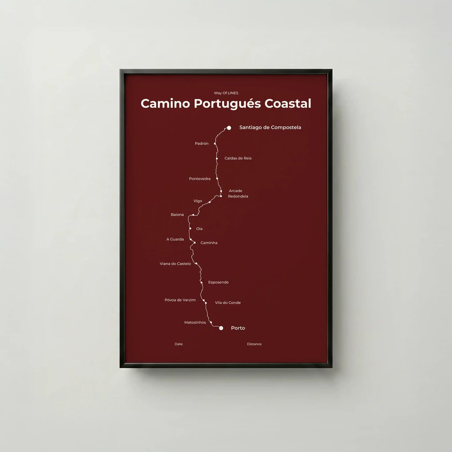 Minimalist Camino Portugués Coastal map poster in reserve red color, frame mockup.