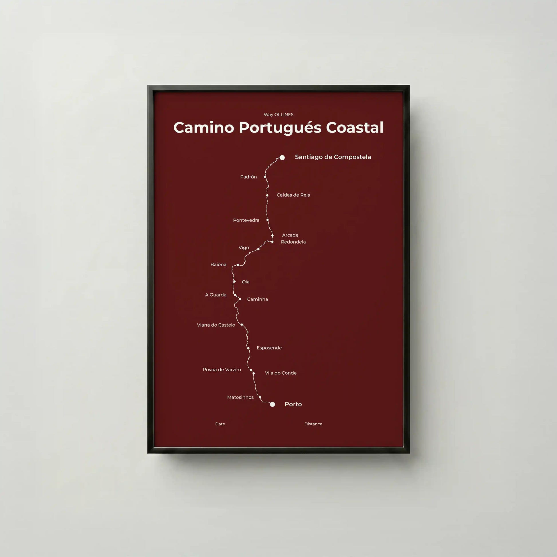 Minimalist Camino Portugués Coastal map poster in reserve red color, frame mockup.