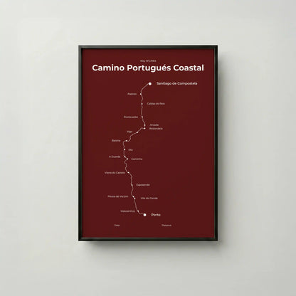 Minimalist Camino Portugués Coastal map poster in reserve red color, frame mockup.