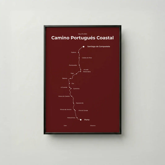 Minimalist Camino Portugués Coastal map poster in reserve red color, frame mockup.