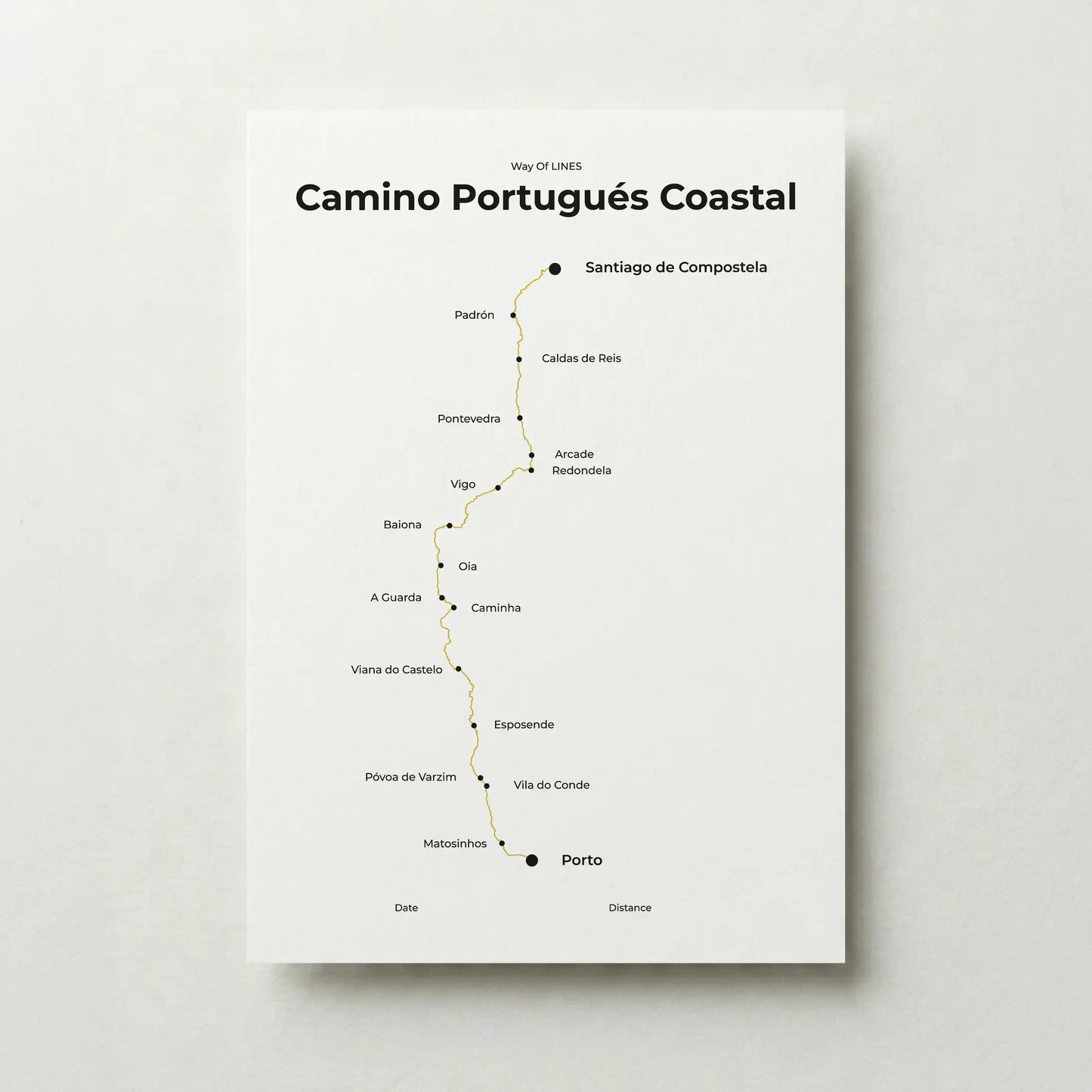 Minimalist Camino Portugués Coastal map poster in sunworn color.