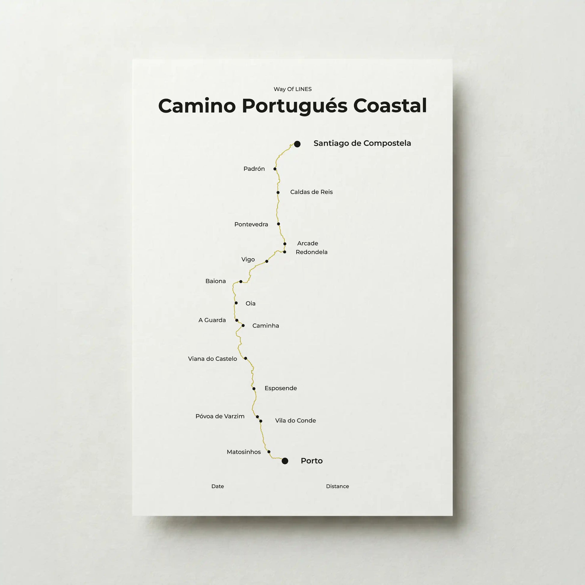 Minimalist Camino Portugués Coastal map poster in sunworn color.