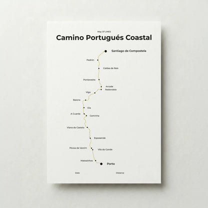 Minimalist Camino Portugués Coastal map poster in sunworn color.