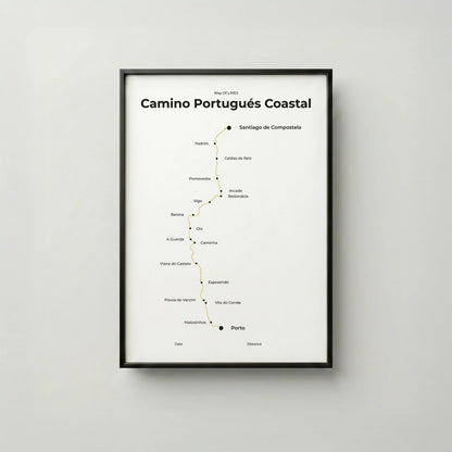 Minimalist Camino Portugués Coastal map poster in sunworn color, frame mockup.