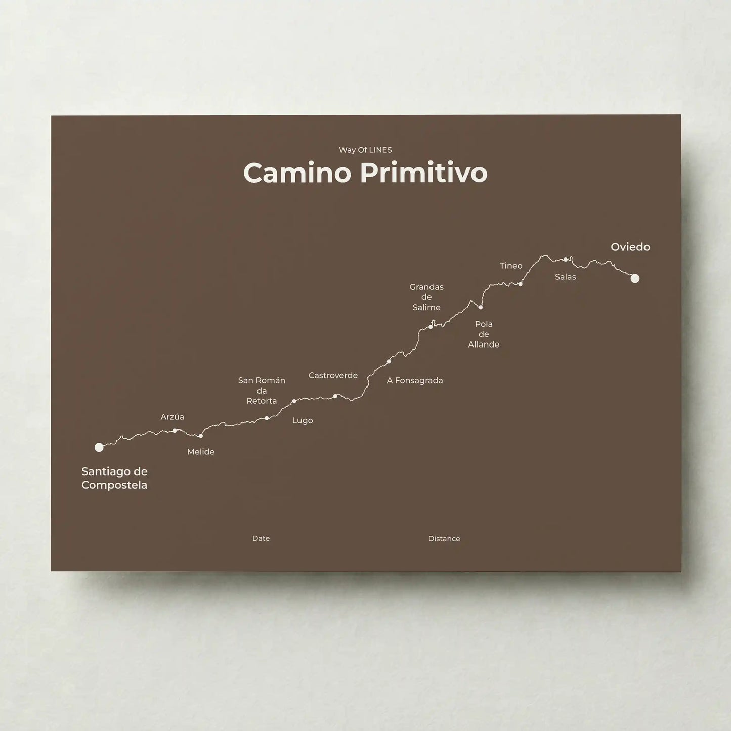 Minimalist Camino Primitivo map poster in ashen clay color.