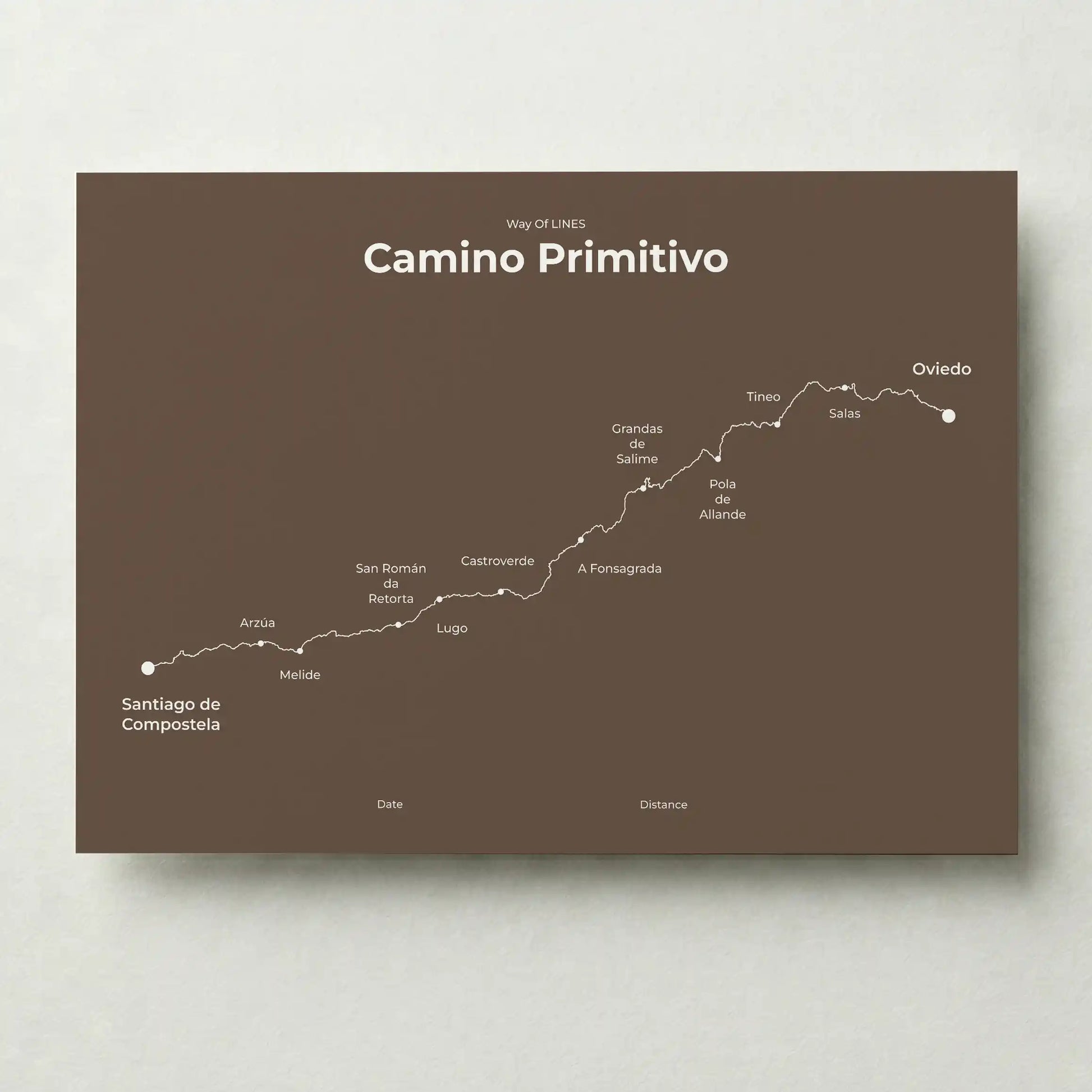 Minimalist Camino Primitivo map poster in ashen clay color.
