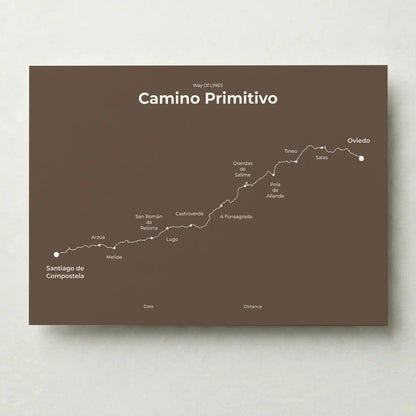 Minimalist Camino Primitivo map poster in ashen clay color.