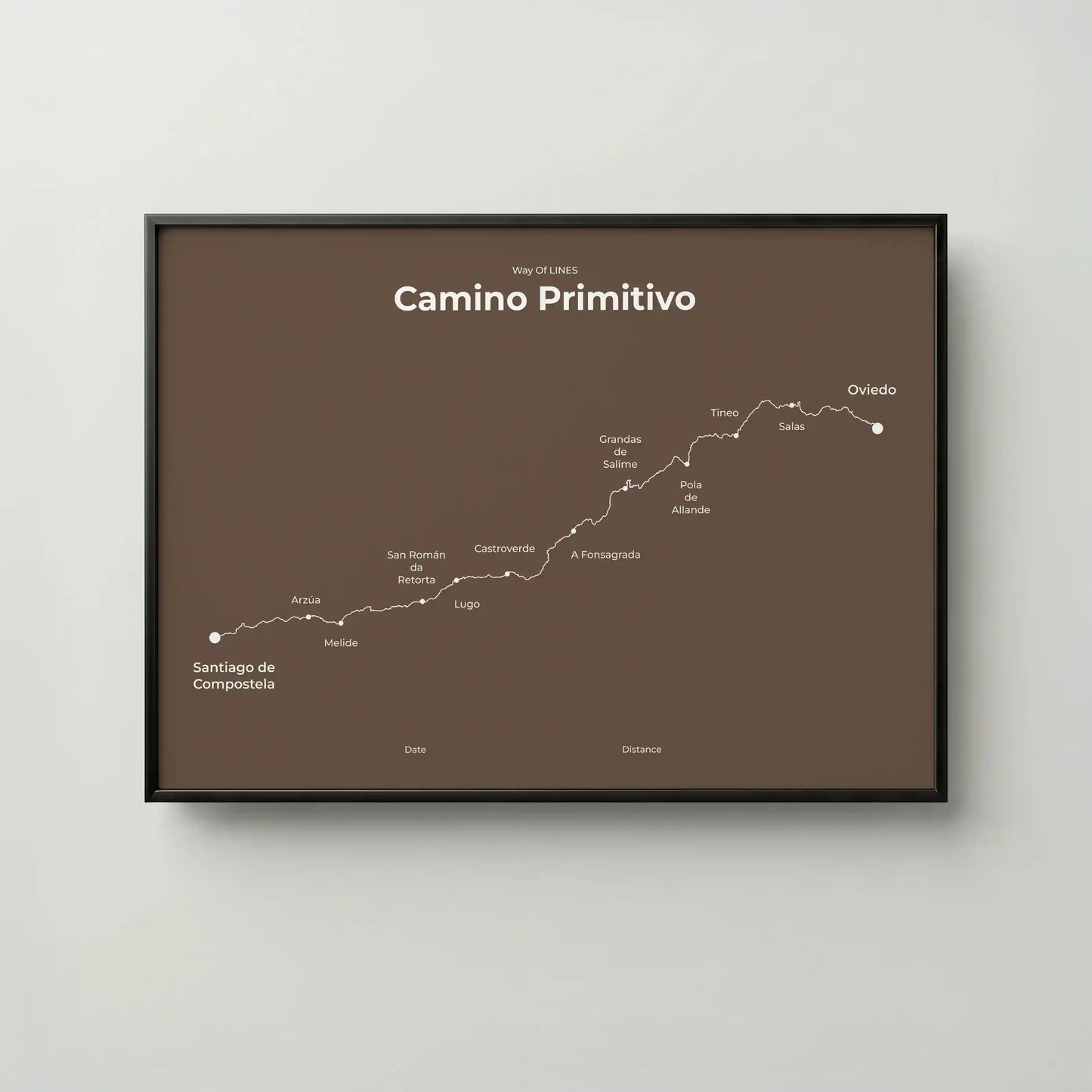 Minimalist Camino Primitivo map poster in ashen clay color, frame mockup.