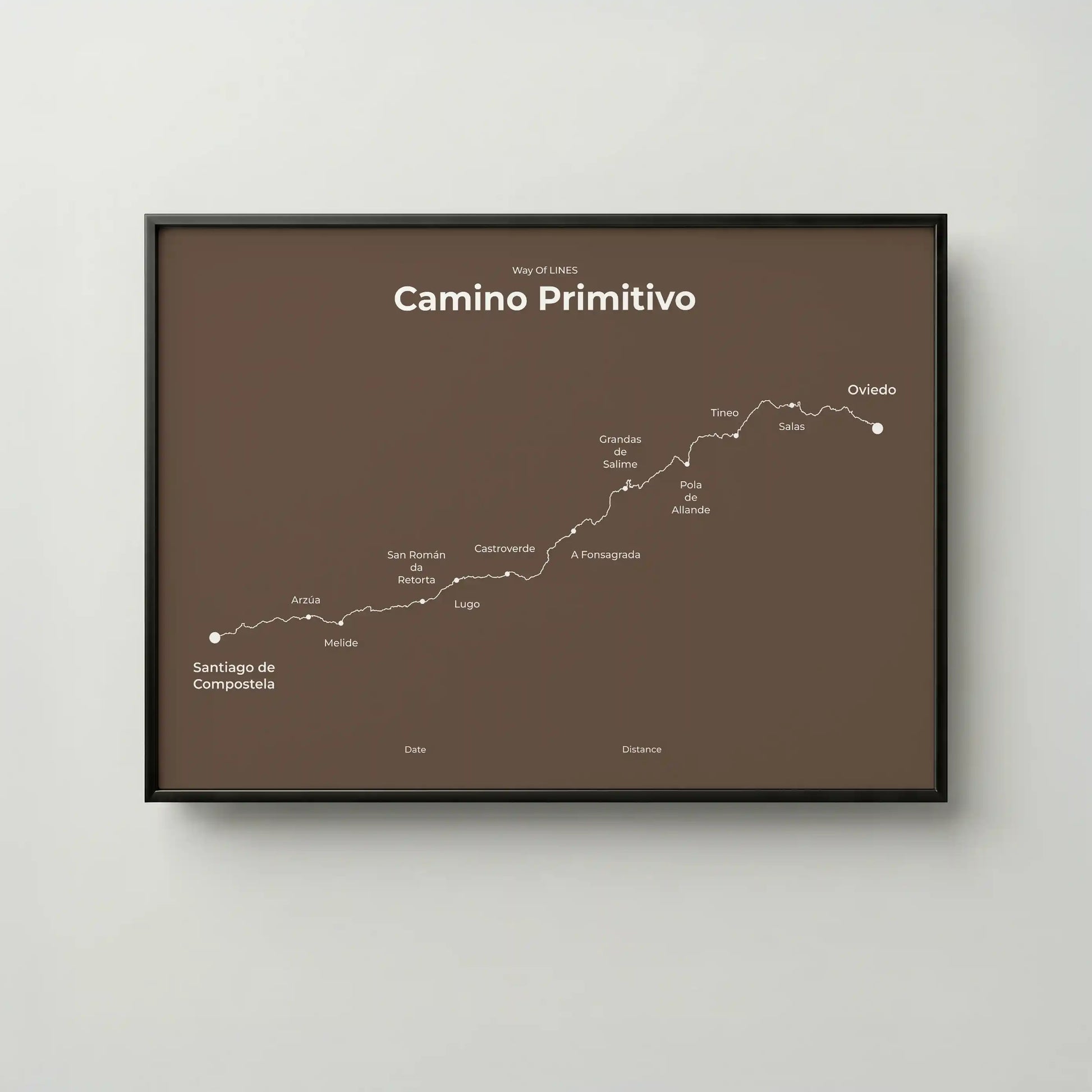 Minimalist Camino Primitivo map poster in ashen clay color, frame mockup.