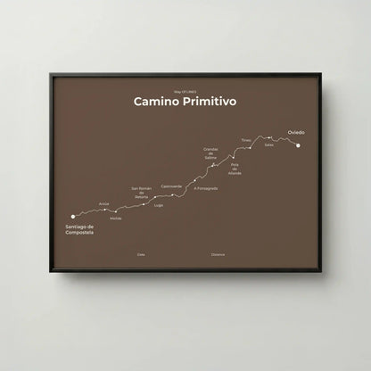 Minimalist Camino Primitivo map poster in ashen clay color, frame mockup.