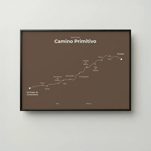 Minimalist Camino Primitivo map poster in ashen clay color, frame mockup.