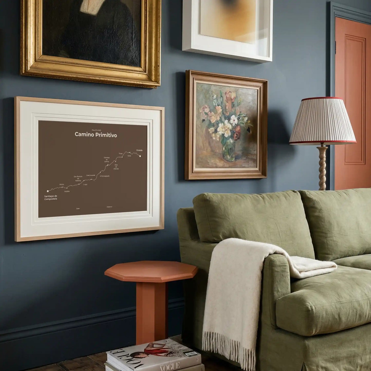 Minimalist Camino Primitivo map poster in ashen clay color, interior mockup.

