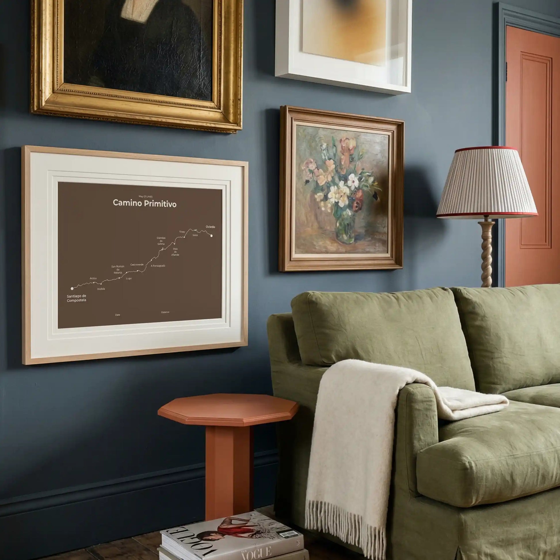 Minimalist Camino Primitivo map poster in ashen clay color, interior mockup.
