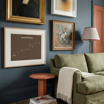 Minimalist Camino Primitivo map poster in ashen clay color, interior mockup.
