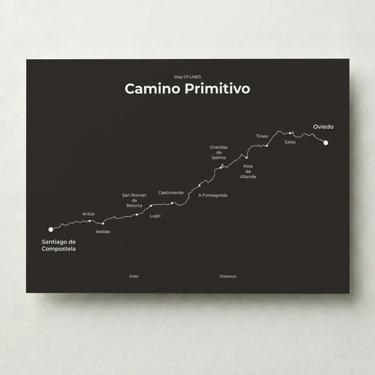 Minimalist Camino Primitivo map poster in deep bark color.