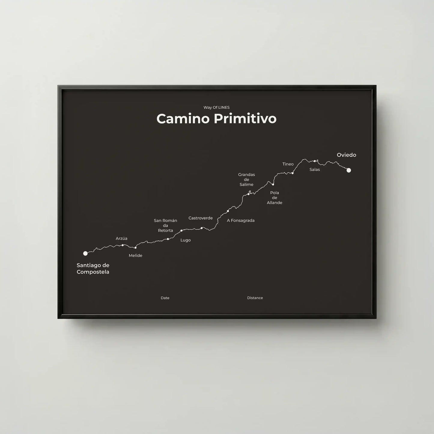 Minimalist Camino Primitivo map poster in deep bark color, frame mockup.
