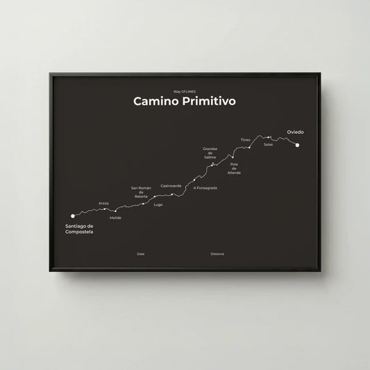 Minimalist Camino Primitivo map poster in deep bark color, frame mockup.
