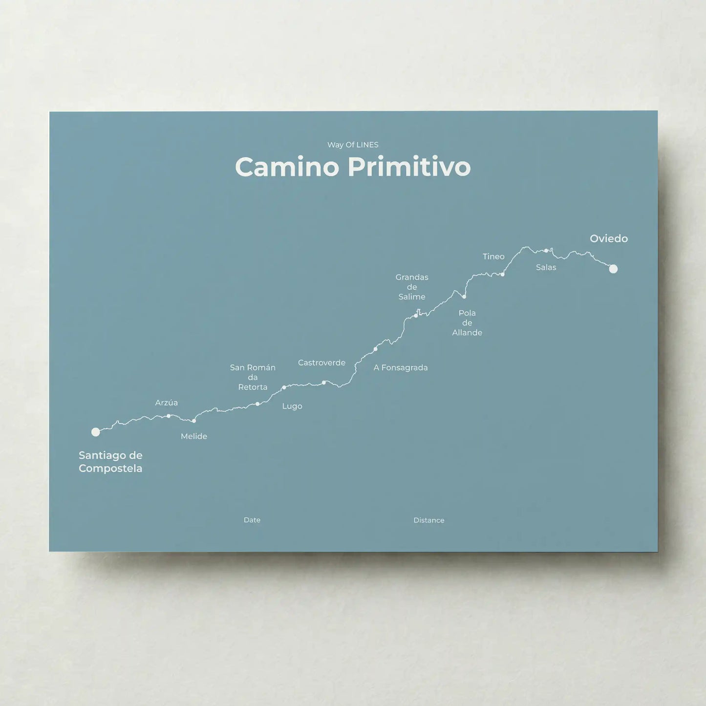 Minimalist Camino Primitivo map poster in high mist color.