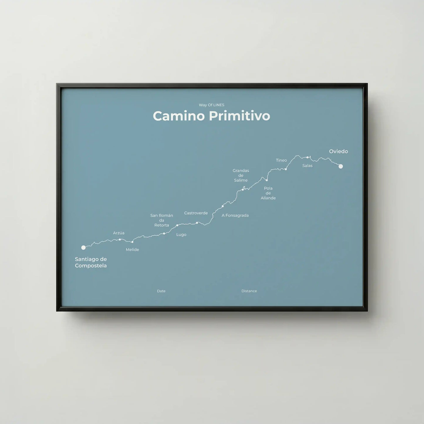 Minimalist Camino Primitivo map poster in high mist color, frame mockup.